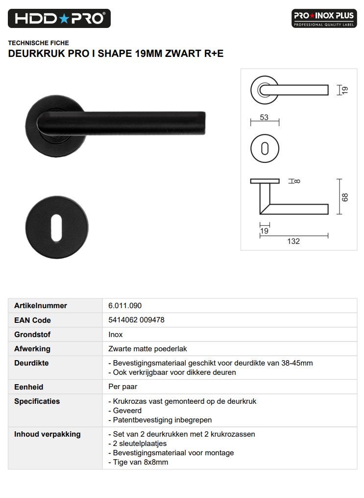 Deurkruk PRO I shape 19mm zwart R+E 2set - Eeklo, Ophalen of Verzenden, Nieuw, Klink of Kruk