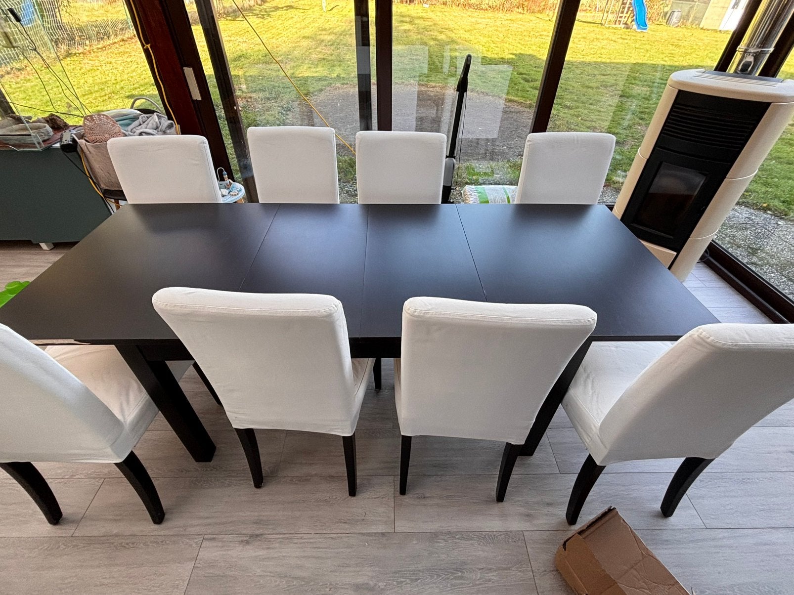 Table IKEA extensible + 8 chaises blanches, Enlèvement, Utilisé, Contemporain, 6 à 8 chaises