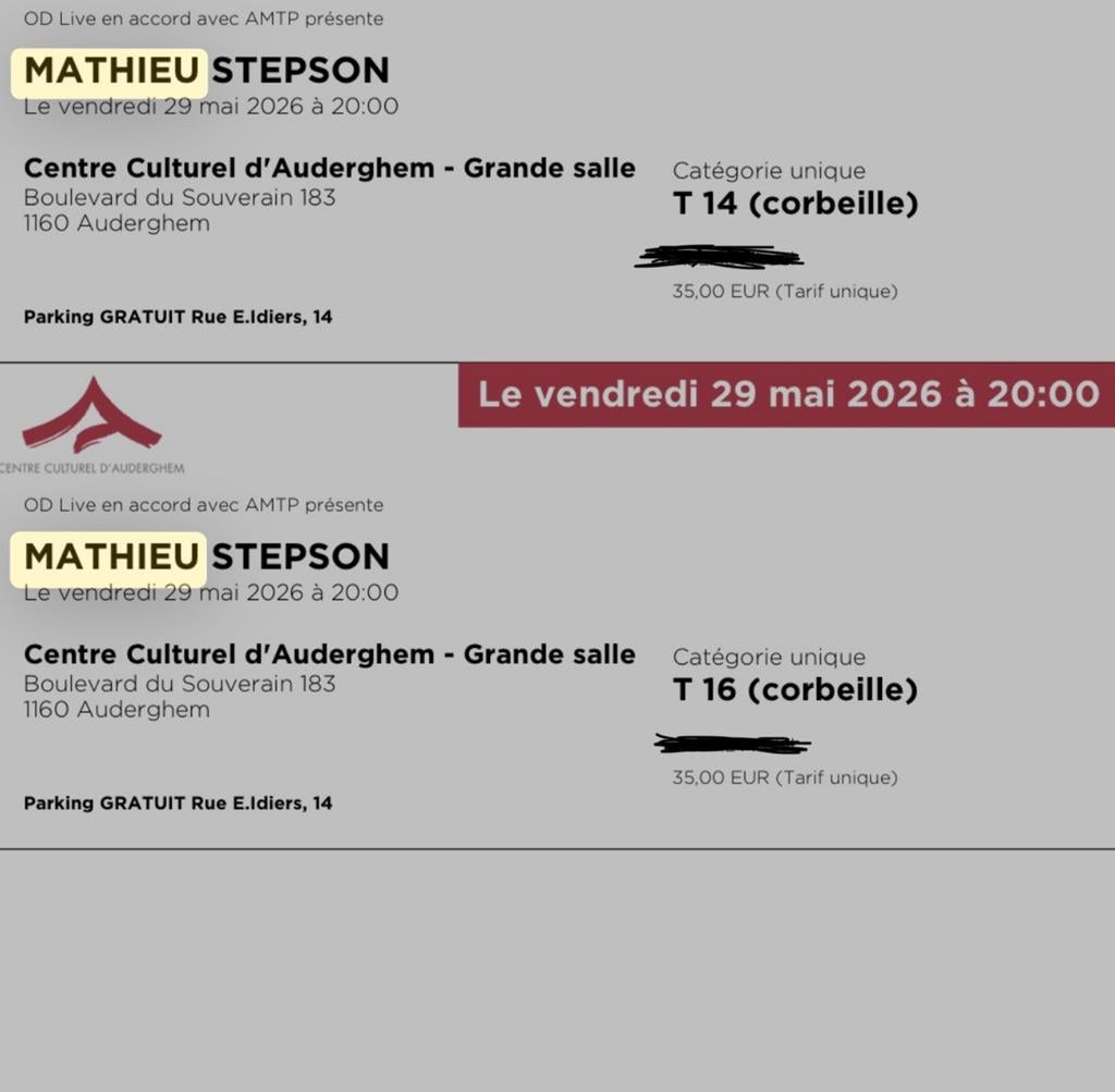 2 tickets pour Mathieu Stepson à vendre, Deux personnes