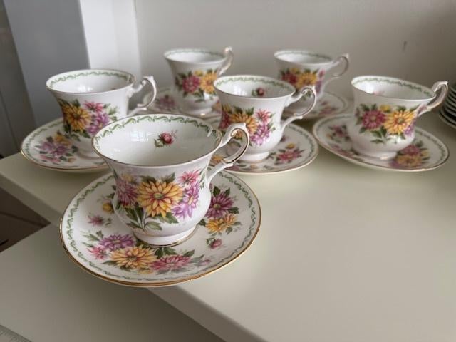6 kopjes en schoteltjes, Ophalen of Verzenden, Zo goed als nieuw, Overige stijlen, Kop(pen) en/of Schotel(s)