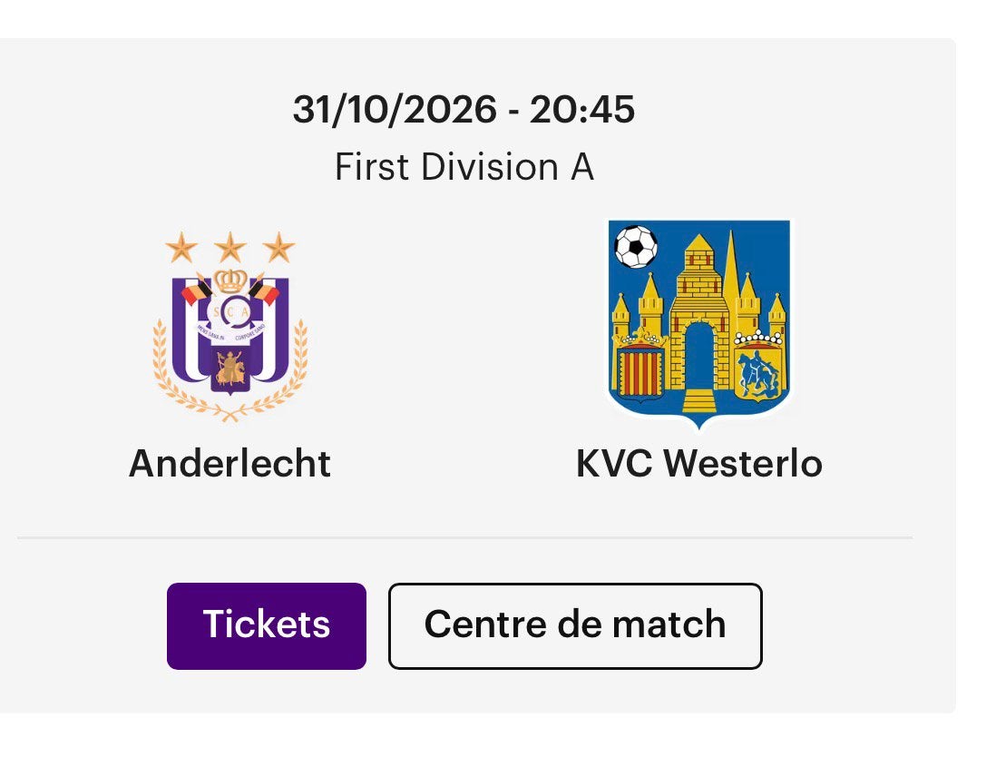 Anderlecht vs Westerlo tribune 1, Tickets & Billets
