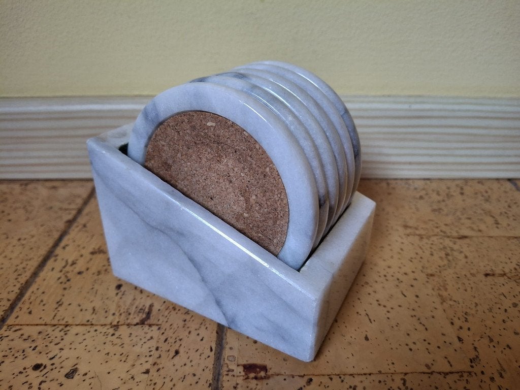 Set van 6 Marmeren onderzetters met houder, Dubbelzijdig, Ophalen of Verzenden, Zo goed als nieuw, Natuurlijk materiaal