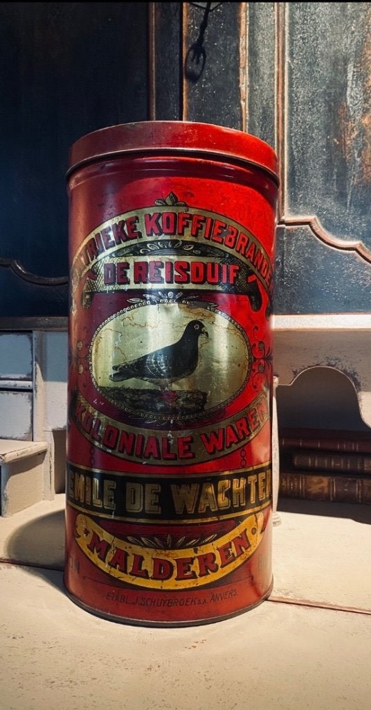 Oud blik koffiebranderij de reisduif Malderen, Verzamelen, Ophalen