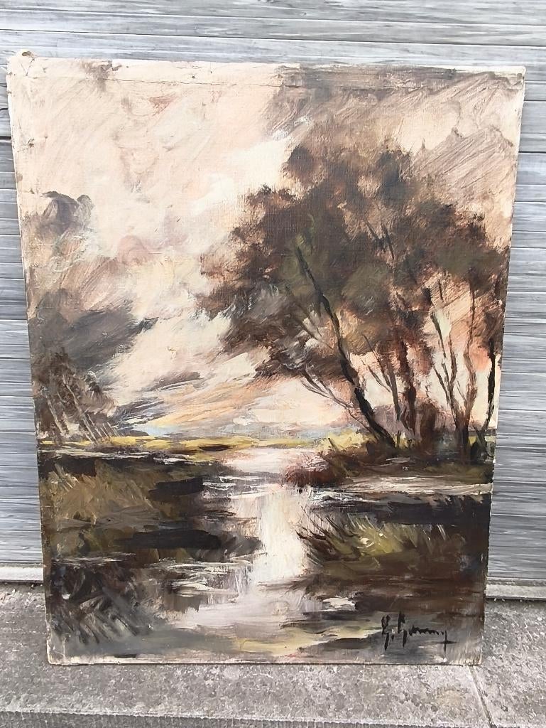 Huile sur toile sous bois signe Émile lammers, Antiek en Kunst, Ophalen of Verzenden