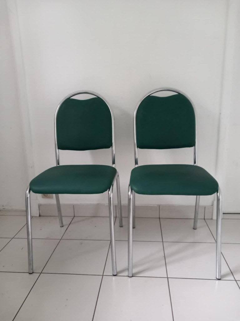 2 vintage buisframe stoelen – groen skai & chroom '70/'80, Huis en Inrichting, Stoelen, Ophalen, Twee, Overige kleuren, Zo goed als nieuw