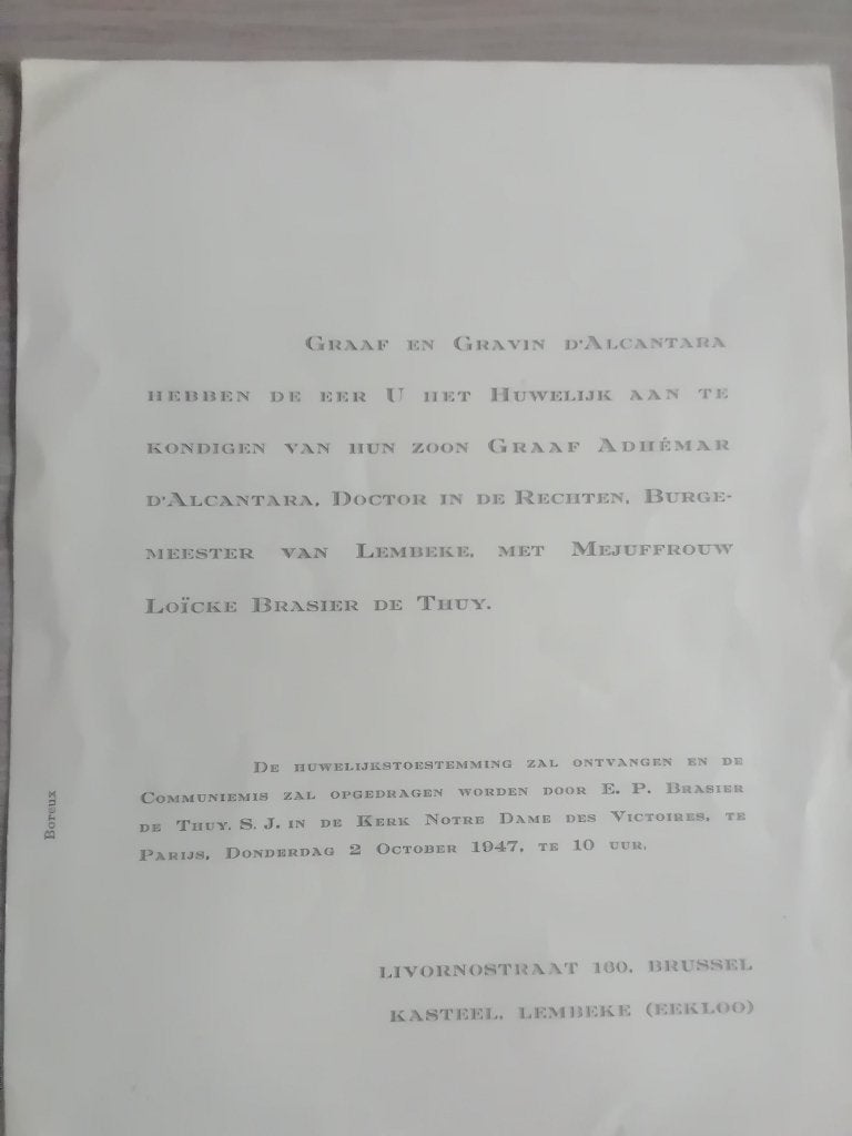 Aankondiging huwelijk Graaf adhemar d'alcantara Eeklo, Collections, Collections Autre, Enlèvement ou Envoi