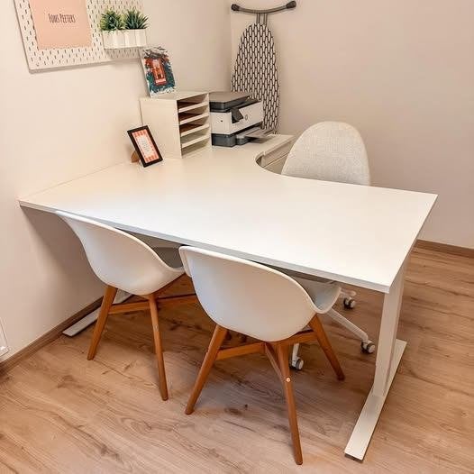 Grand bureau d'angle blanc + meuble à tiroirs, Maison & Meubles, Enlèvement, Comme neuf, Blanc, Bureau d'angle