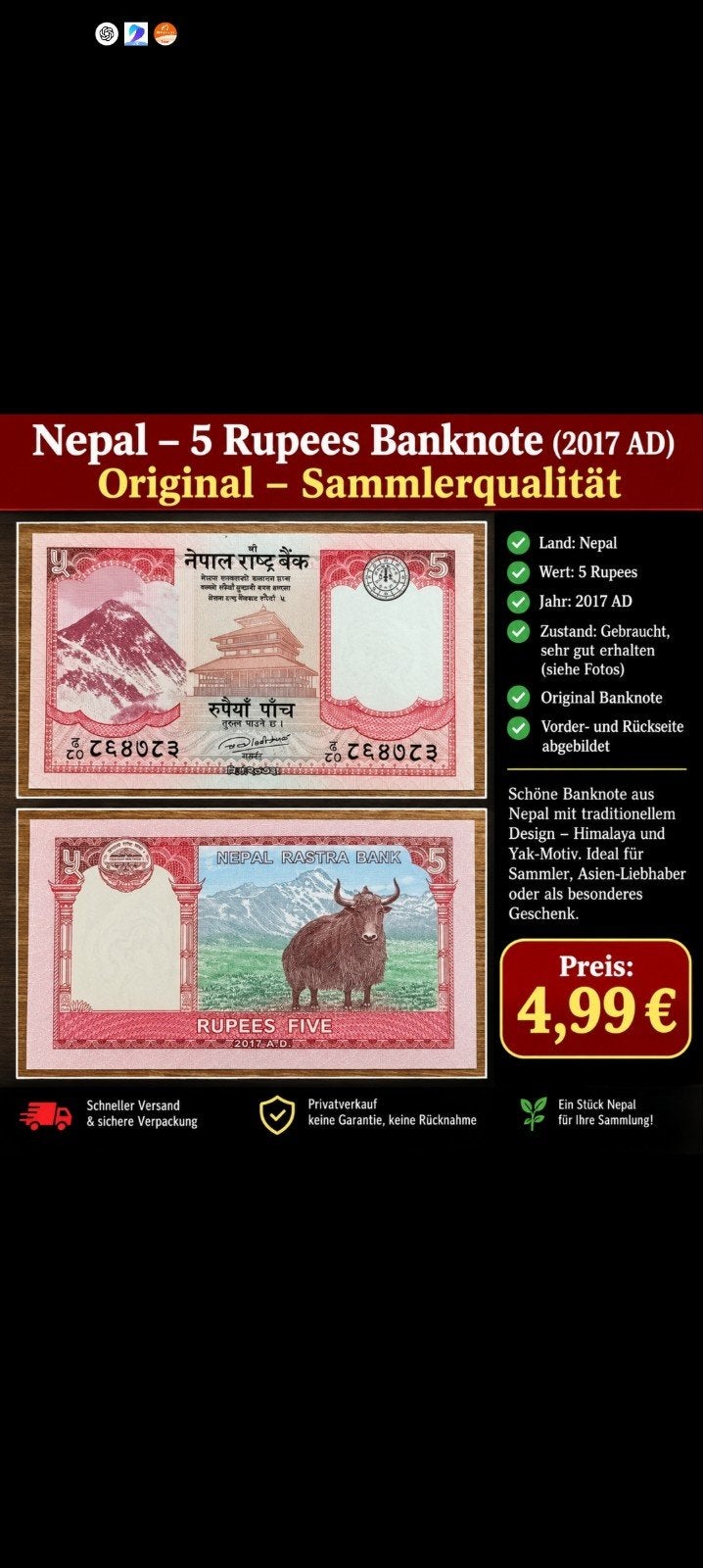 billet de banque, Enlèvement ou Envoi