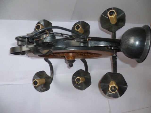 Lustre en chêne massif et fer forgé, Maison & Meubles, Lustre en chêne massif et fer forgé en forme de roue, Enlèvement, Utilisé
