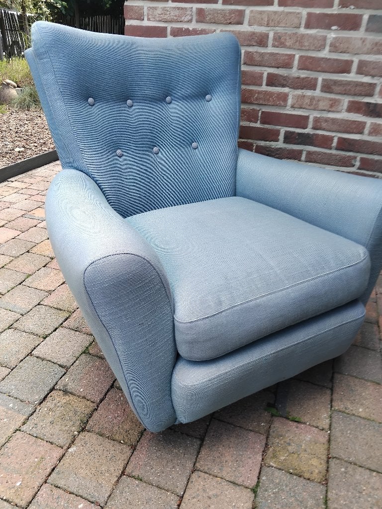 fauteuil zetel lichtblauw goede staat, Huis en Inrichting, Fauteuils, Ophalen, Gebruikt