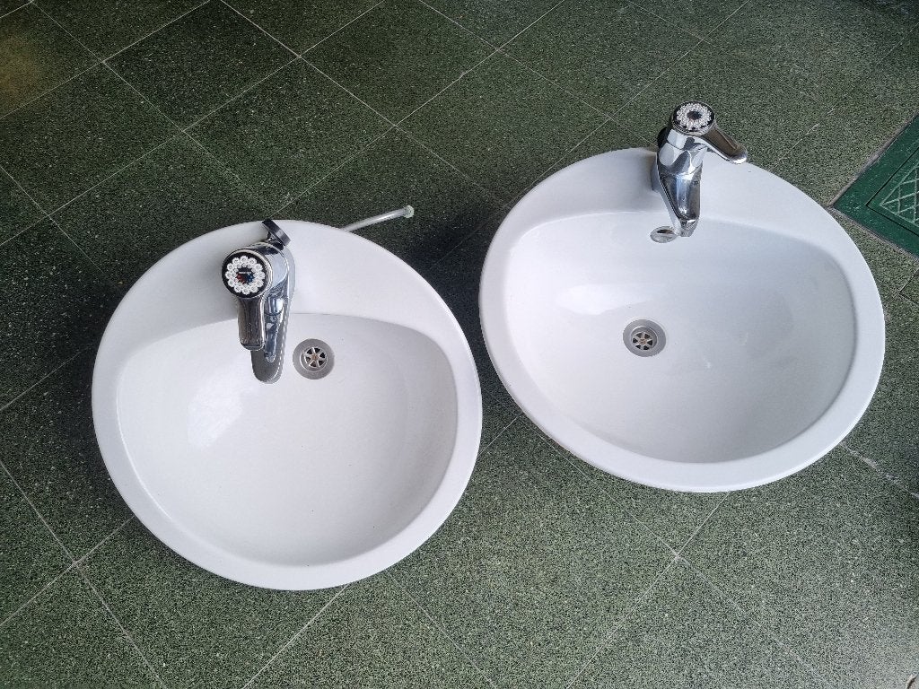 2 Ronde lavabo's met Grohe mengkranen, Ophalen, Gebruikt, Chroom, Wastafel