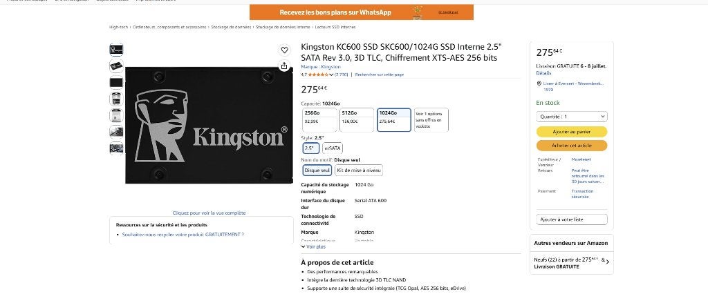 Kingston KC600 SSD van 1 TB, Computers en Software, Harde schijven, Ophalen, Intern, Kingston, SSD