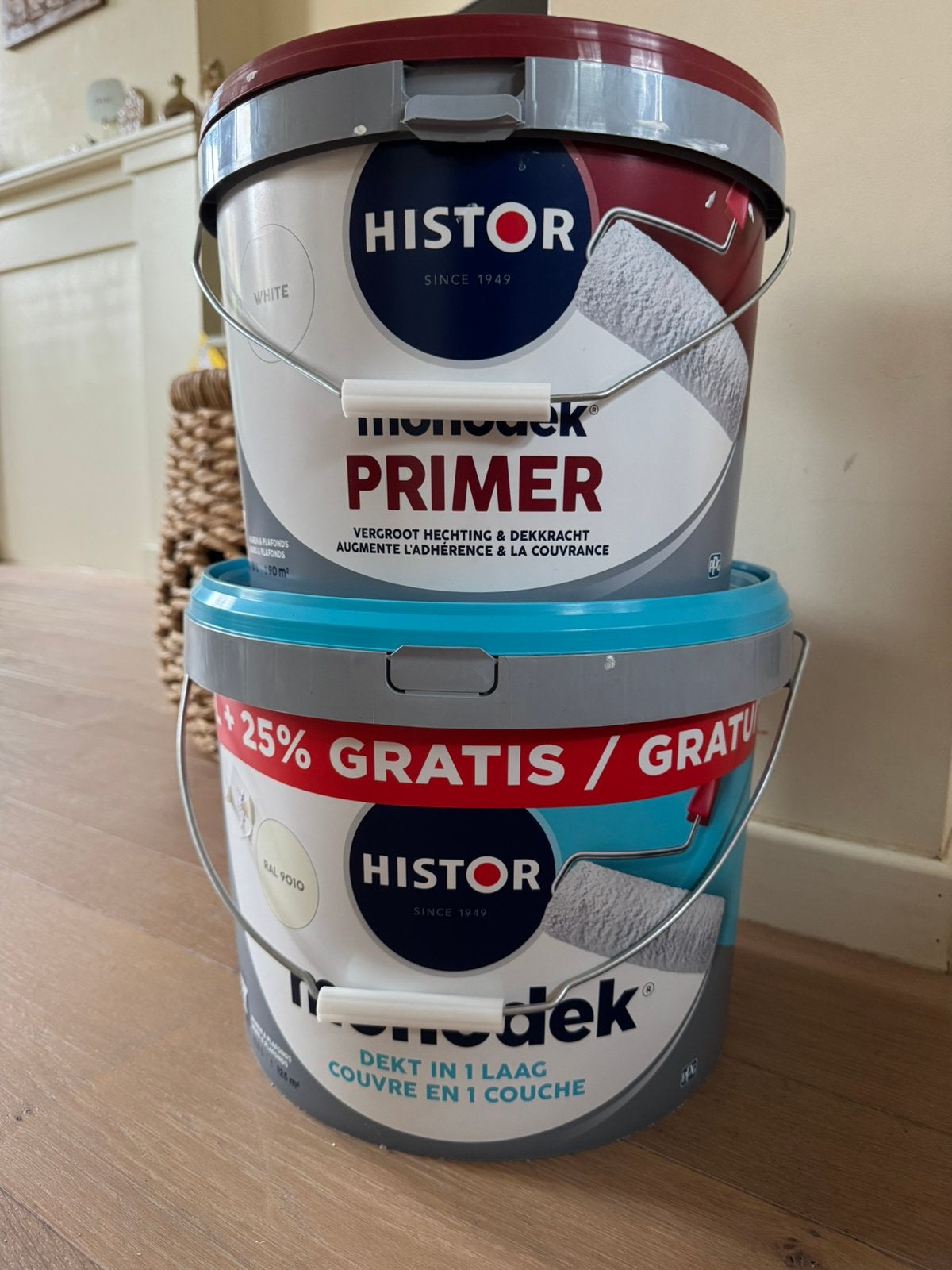 Twee grote emmers Histor verf primer ong 9l + verf 12,5l, Doe-het-zelf en Bouw, Verf, Beits en Lak, Ophalen, Wit, Nieuw, Verf
