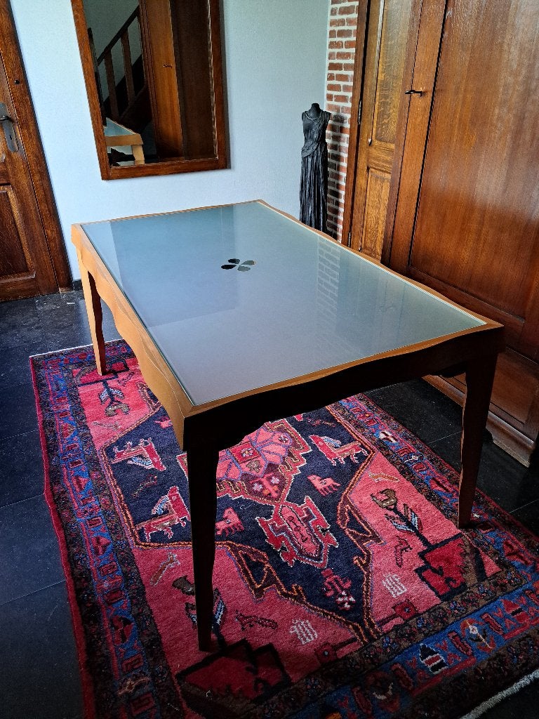 Houten tafel met mooi glazen tafelblad, Ophalen, 100 tot 150 cm, 50 tot 100 cm, Vijf personen of meer