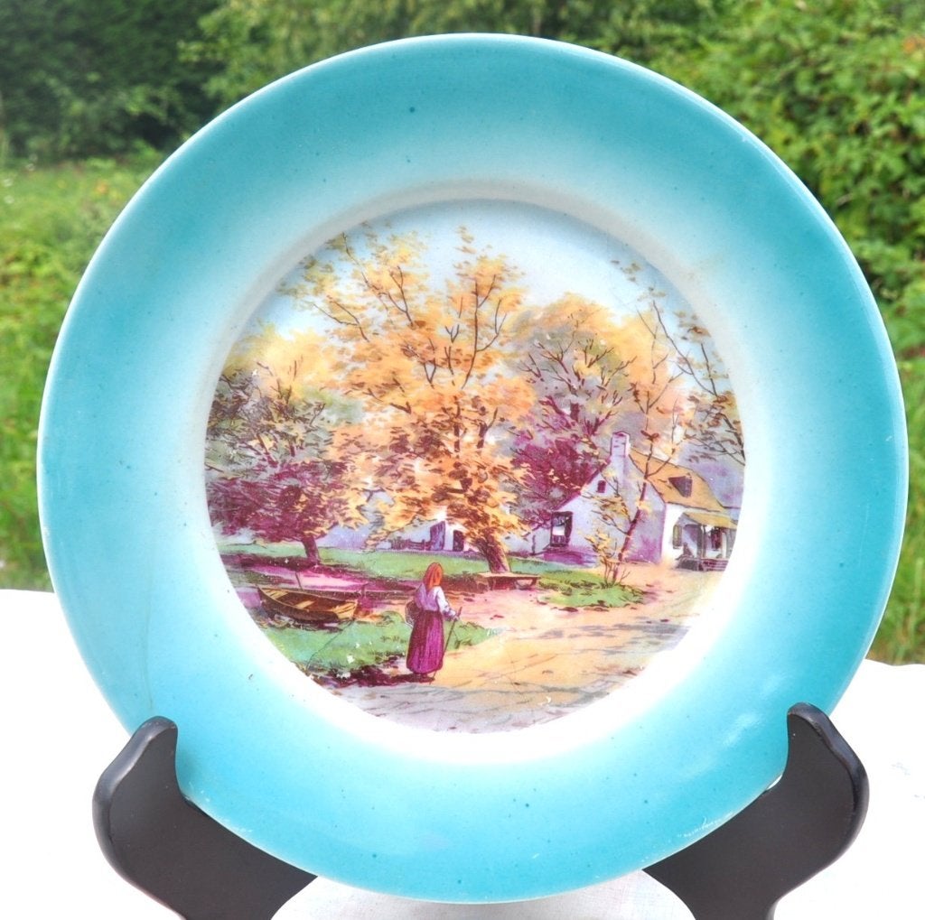 assiette porcelaine tour turquoise paysage et promeneuse, Enlèvement ou Envoi