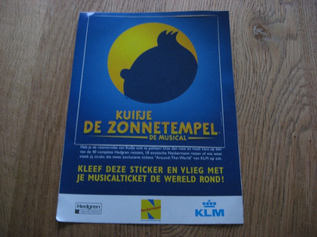 Kuifje De Zonnetempel de musical 2001 Herge Sticker 15 x 20, Ophalen, Nieuw, Strip of Tekenfilm