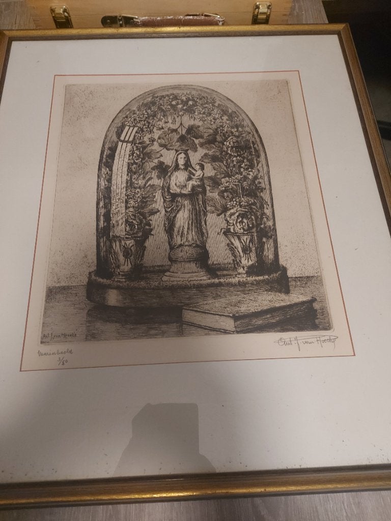 Etsen van Gentse kunstenaar Van Hoecke, Antiek en Kunst, Kunst | Etsen en Gravures, Ophalen, Religie, Ets, Gesigneerd