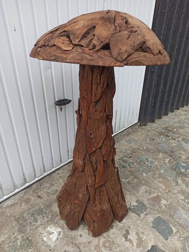 Grote paddenstoel in teak hout, Ophalen, Hout