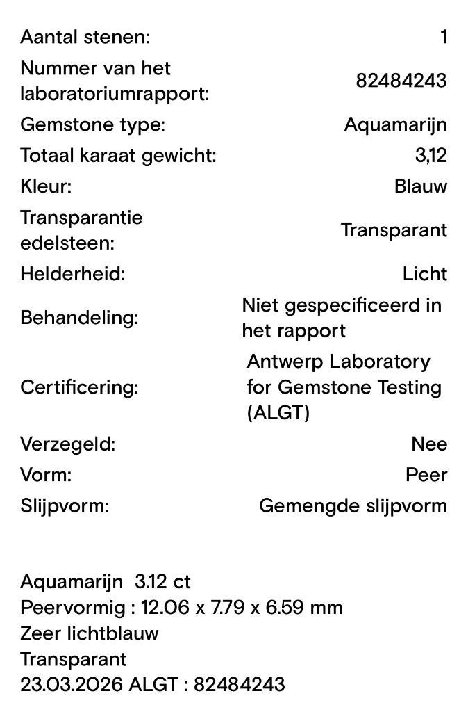 Natuurlijke Aquamarijn 3,12 ct, Handtassen en Accessoires, Ophalen of Verzenden, Nieuw
