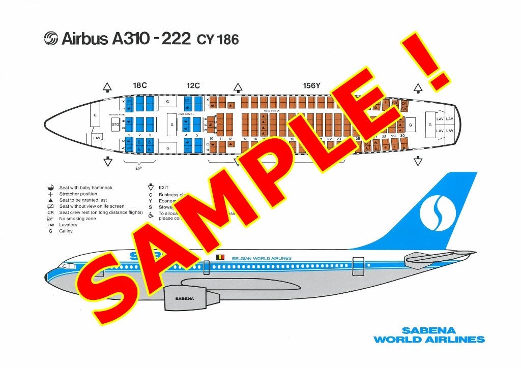 Affiche Sabena Plan sièges de l'avion Airbus A310-222 CY186, Collections, Souvenirs Sabena, Neuf, Enlèvement ou Envoi
