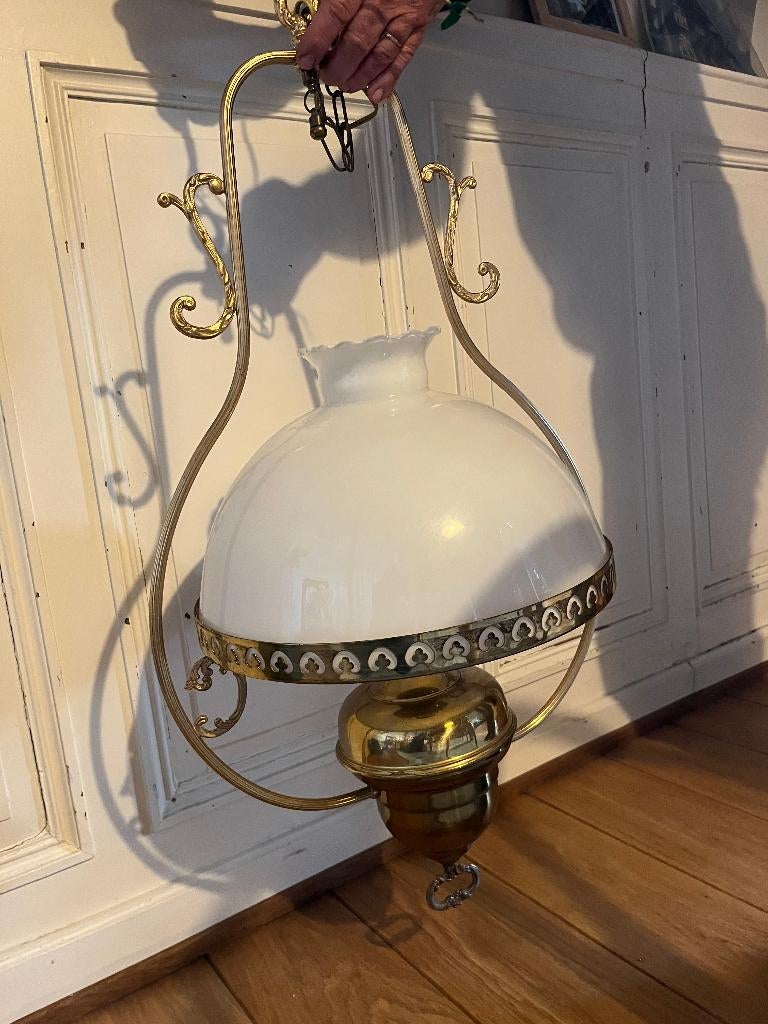 Zeer mooie koperen kroonluchter, Ophalen, Zo goed als nieuw, Glas