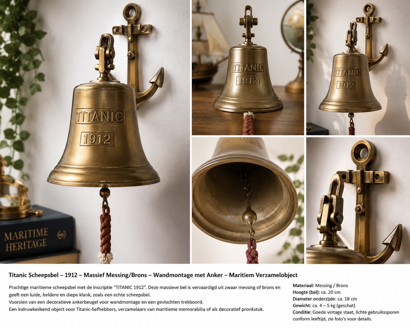 Titanic 1912 scheepsbel – zware messing/bronskleurige bel, Antiek en Kunst, Ophalen of Verzenden, Koper