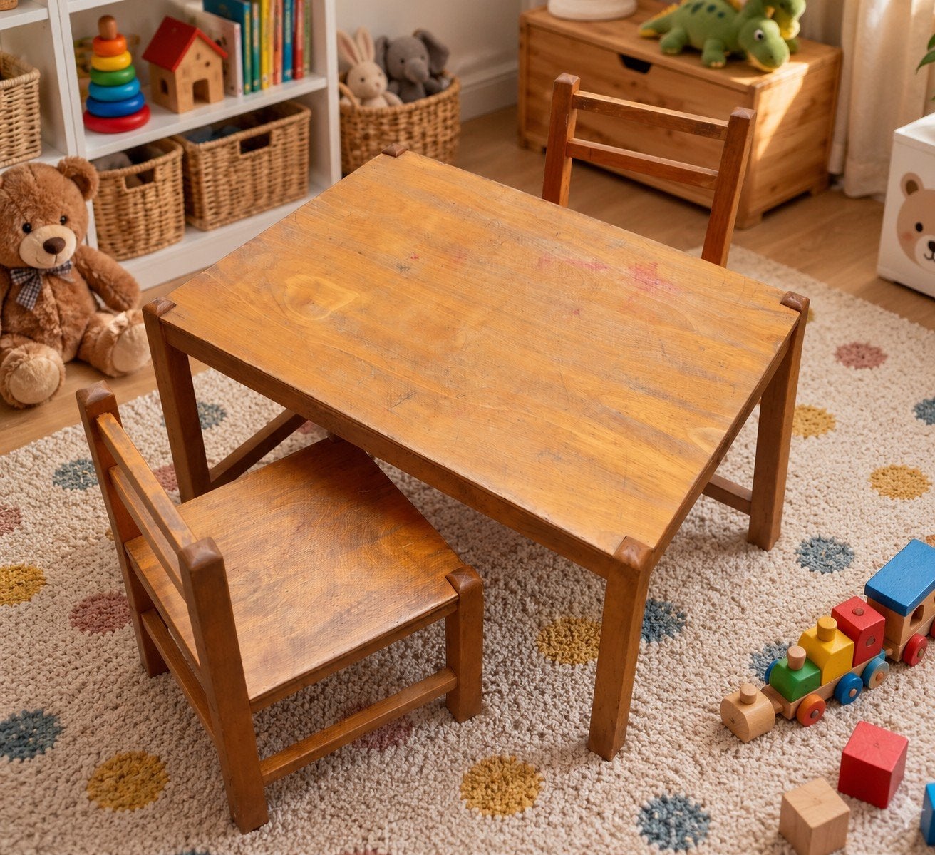 Vintage houten kindertafeltje met 2 bijpassende stoeltjes, Ophalen, Gebruikt, Tafel(s) en Stoel(en)