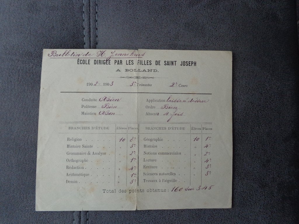 1 ancien bulletin scolaire (1902) de l'école de Bolland, Enlèvement