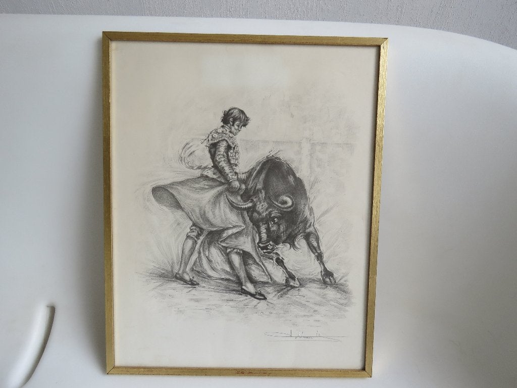 Vintage gesigneerde potloodtekening stierengevecht, Antiek en Kunst, Kunst | Tekeningen en Fotografie, Ophalen of Verzenden, Tekening
