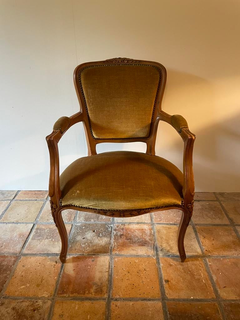 Klassieke Vintage Armstoel – Olijfgroen Fluweel, Antiek en Kunst, Ophalen