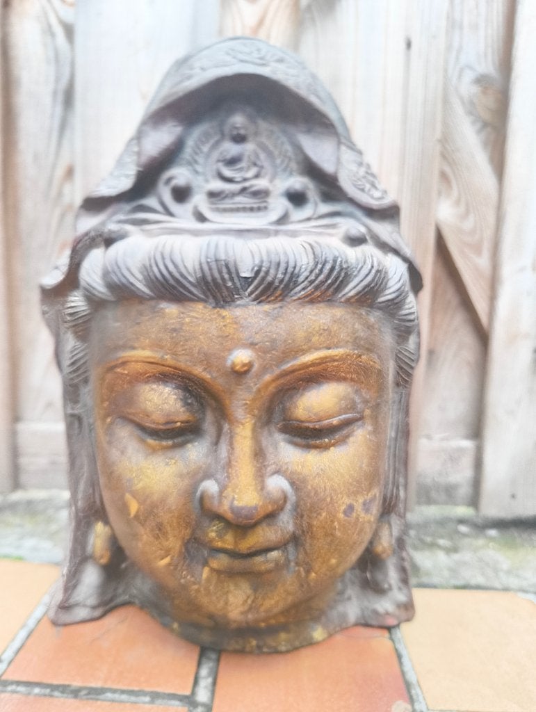 Tête de Kwan Yin en fonte/bronze, plaquée or, Statue, Asie, Religion, Doré