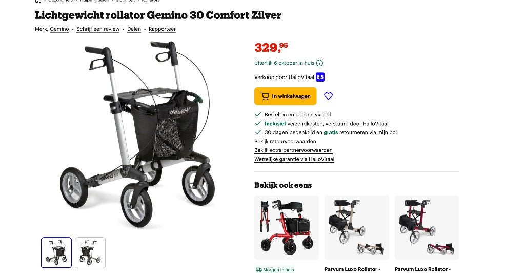 Lichtgewicht rollator Gemino 30 Comfort Zilver, Diversen, Ophalen, Lichtgewicht, Zo goed als nieuw