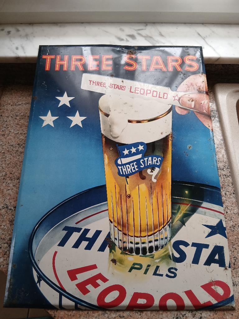 Publicité bière Leopold three stars no plaque émaillée, Collections, Marques & Objets publicitaires, Enlèvement ou Envoi, Utilisé