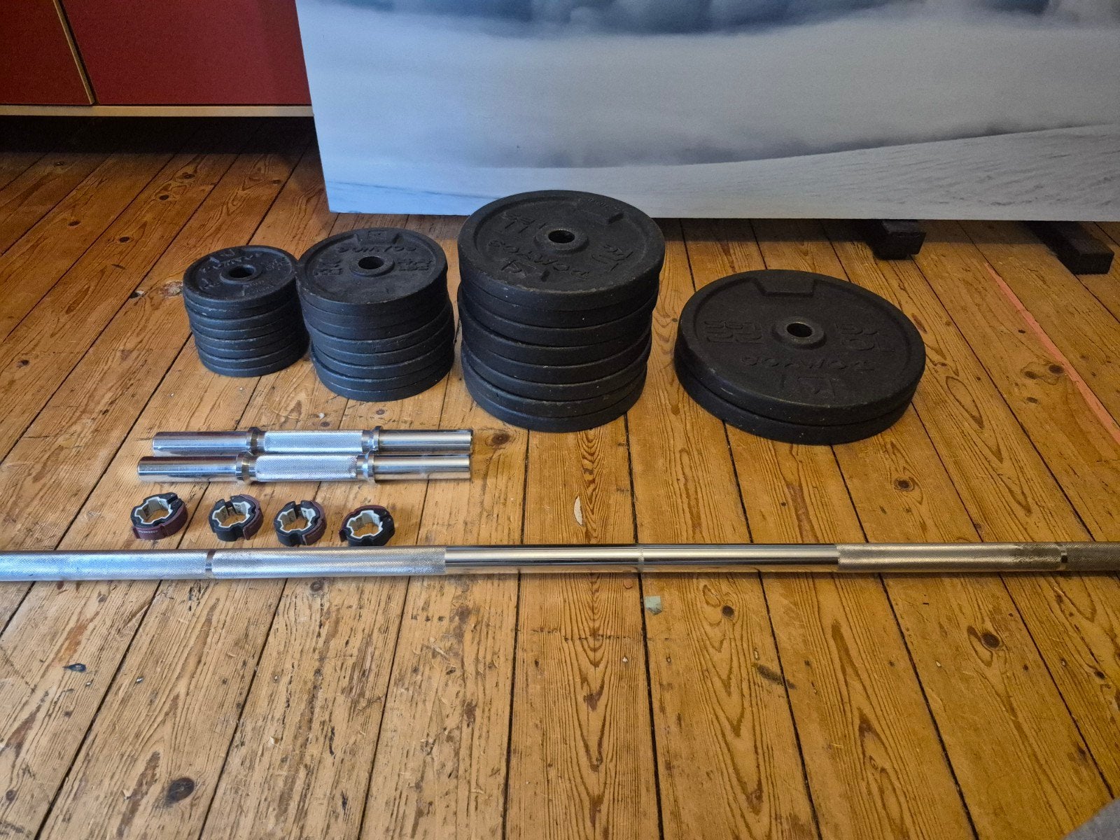 Fitness gewichten 84kg (gewicht zelf kiezen €2/kg) + stangen, Sport en Fitness, Ophalen, Gebruikt, Benen, Halterset