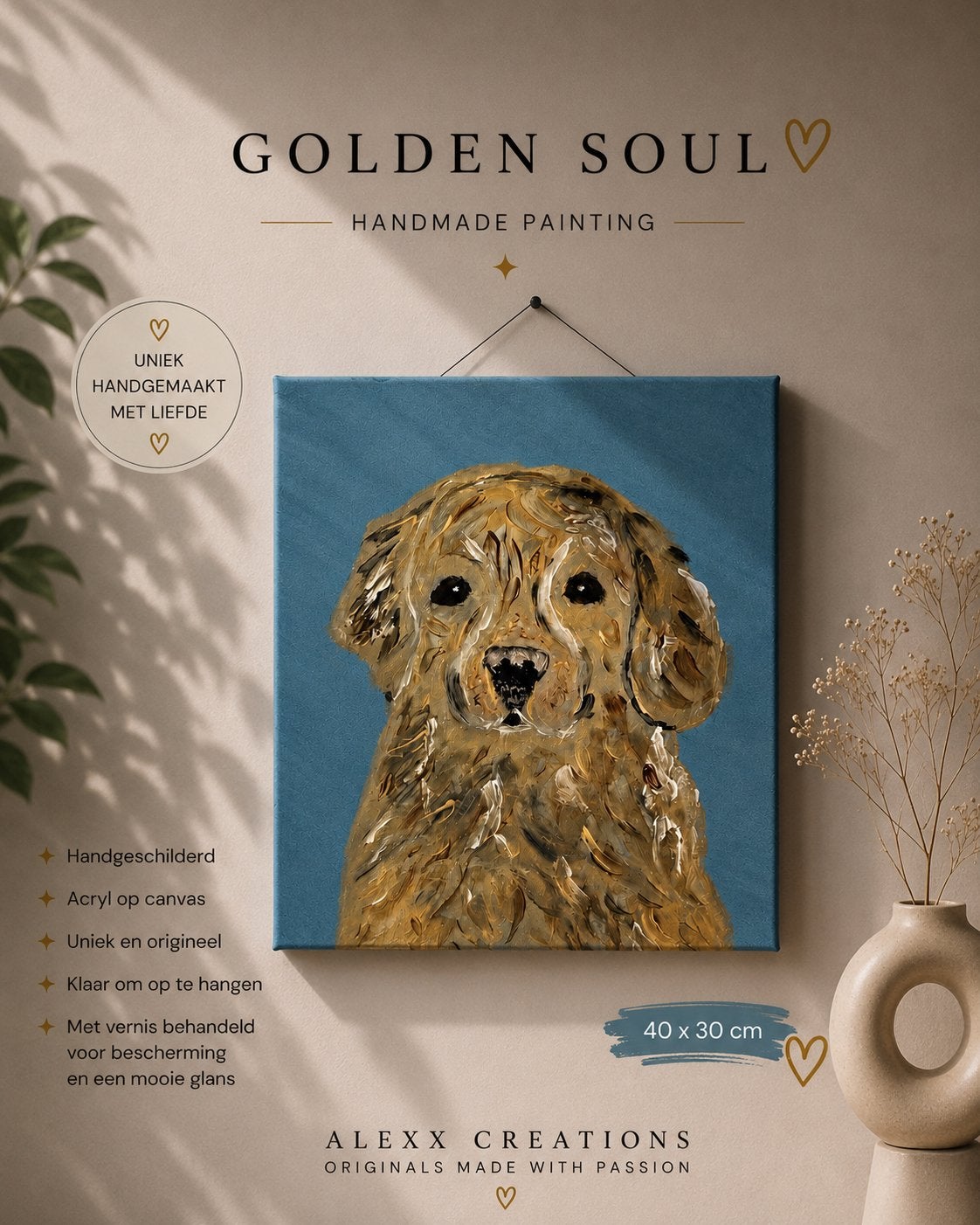 Golden Soul | Peinture pour chien faite main | 40x30, Enlèvement ou Envoi