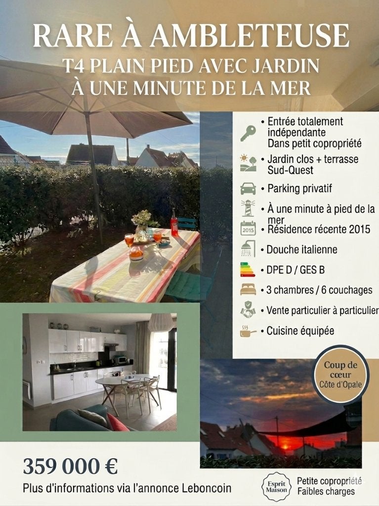 Ambleteuse T4 gelijkvloerse omheinde tuin vlakbij het strand, Immo, France, Dorp, 65 m², Frankrijk