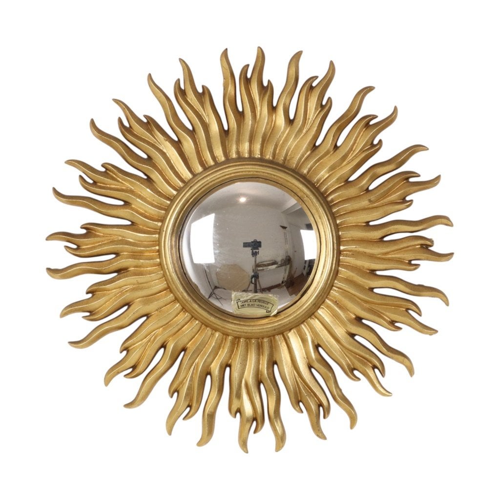 Vintage Bladgoud Vergulde Zonnespiegel Sunburst Convex 52cm, Huis en Inrichting, Woonaccessoires | Spiegels, Gebruikt, Rond, Ophalen of Verzenden