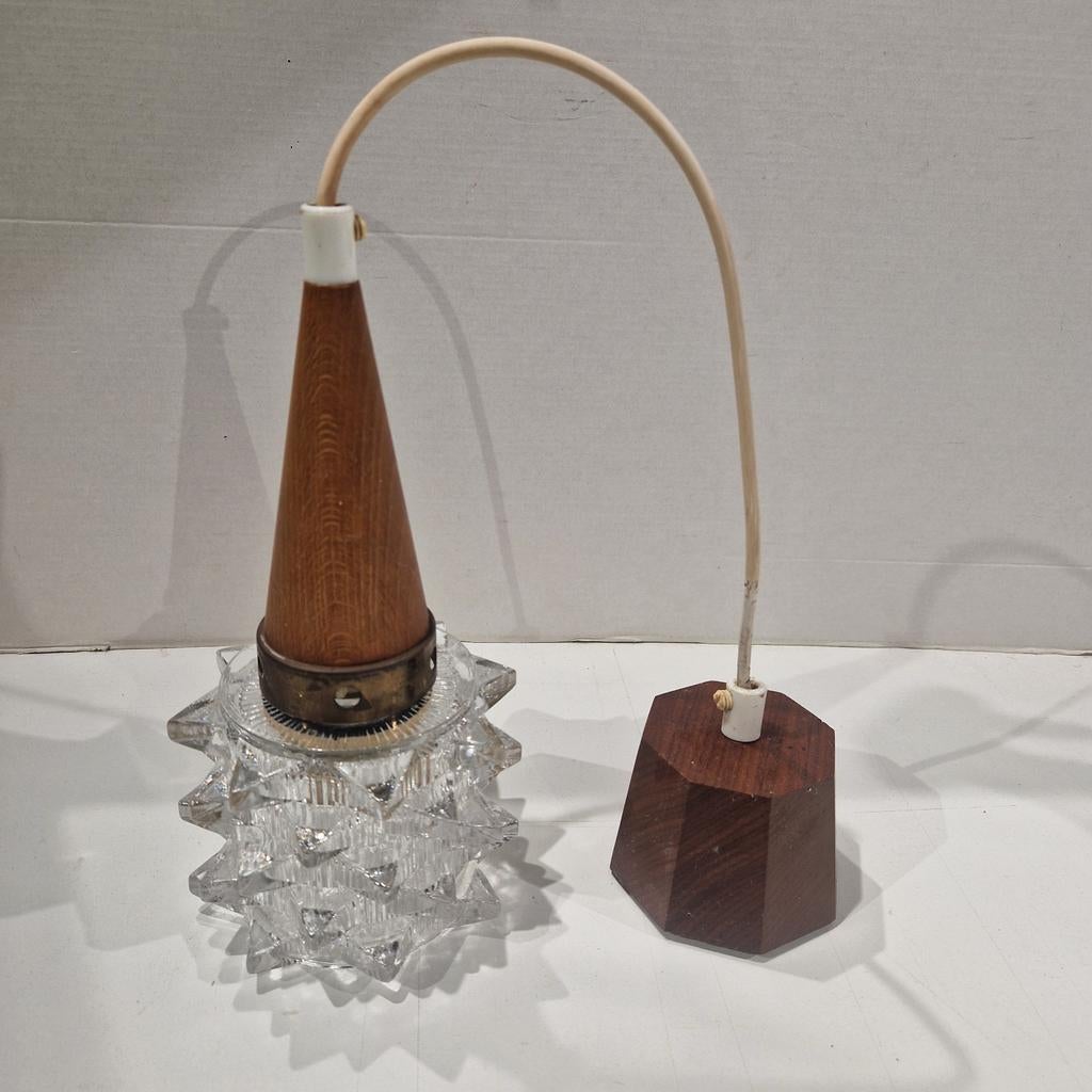 Deens teak houten hanglamp met zwaar glazen kap massive, Ophalen of Verzenden