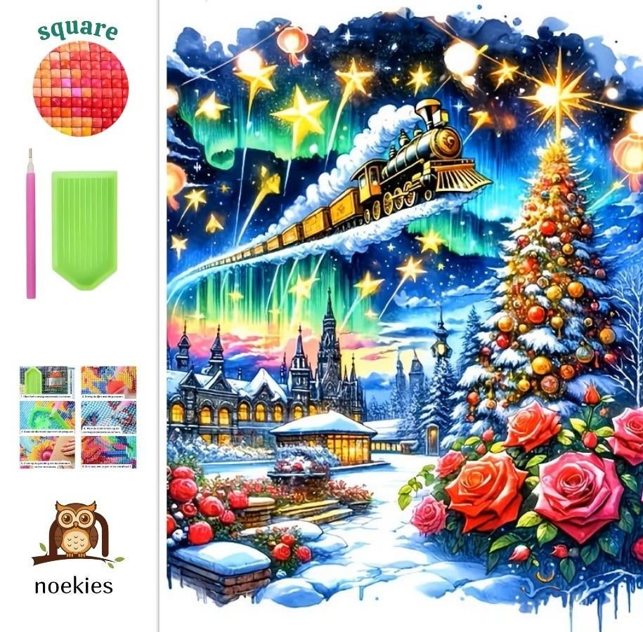 nr 186 Diamond Painting kerst trein 40x30cm (vierkant), Verzenden, Nieuw, Meerkleurig, Overige materialen