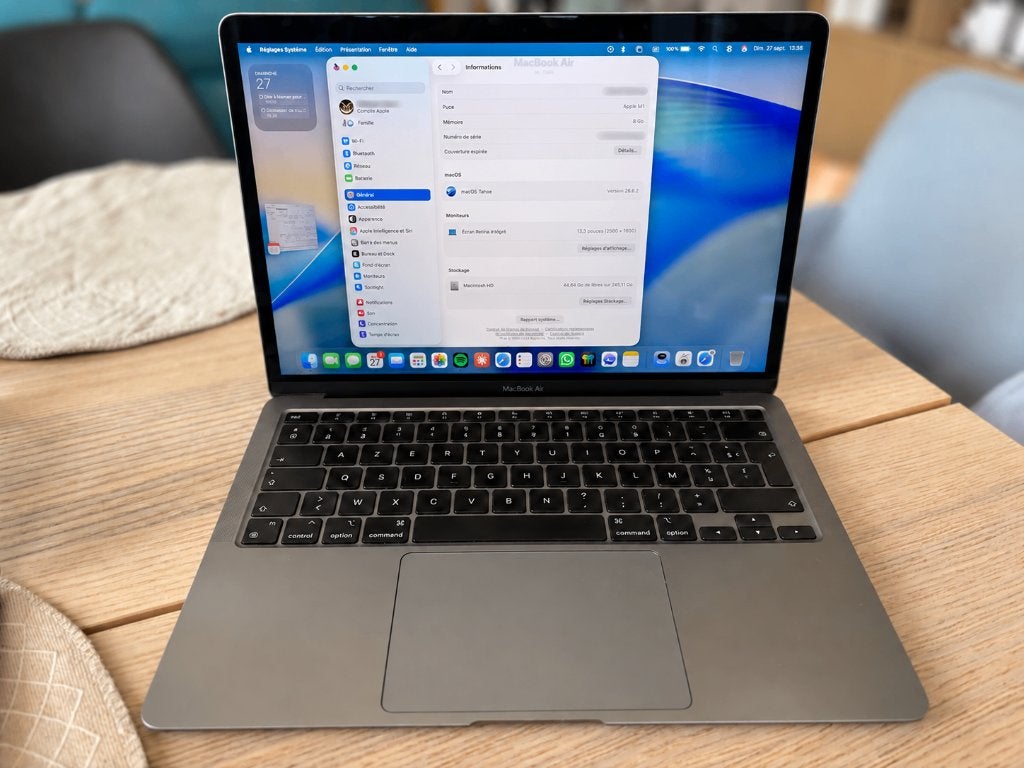 MacBook Air M1 13" – 8 Go / 256 Go – Boîte + câble chargeur, 256 GB, Comme neuf, Azerty, MacBook Air