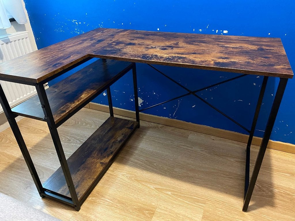 L-vormig bureau met 2 opslagplanken, Maison & Meubles, Bureaux, Utilisé, Bureau d'angle, Autres marques, Industriel, Bois, Brun