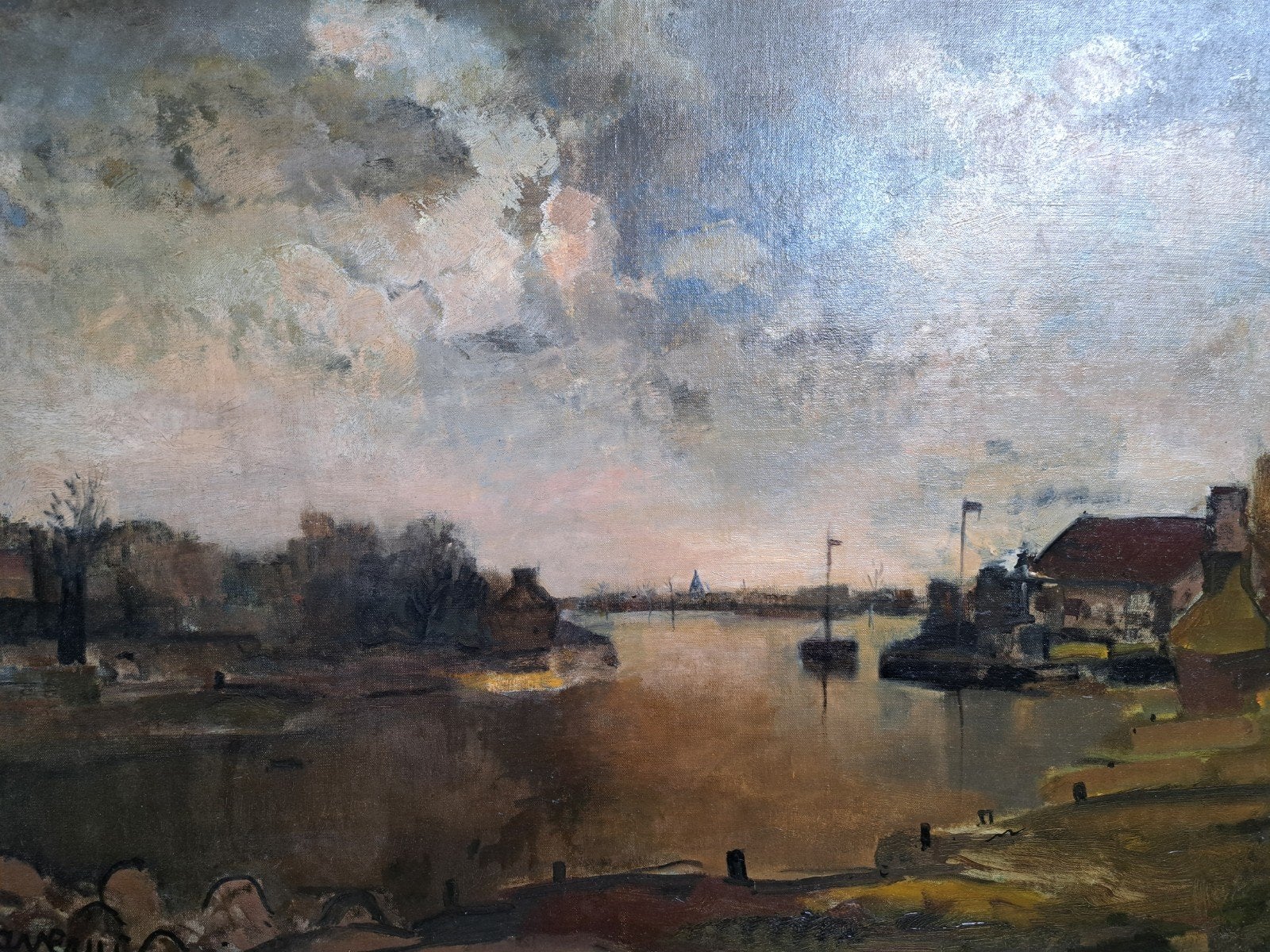 SAVERYS Albert "Rivierzicht met boten" olie op doek, Enlèvement, Toile
