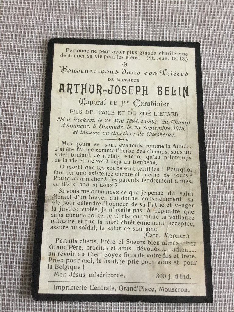 Soldaat A.Belin Rekkem gesneuveld te Diksmuide 1915, Verzamelen, Bidprentjes en Rouwkaarten, Verzenden, Bidprentje