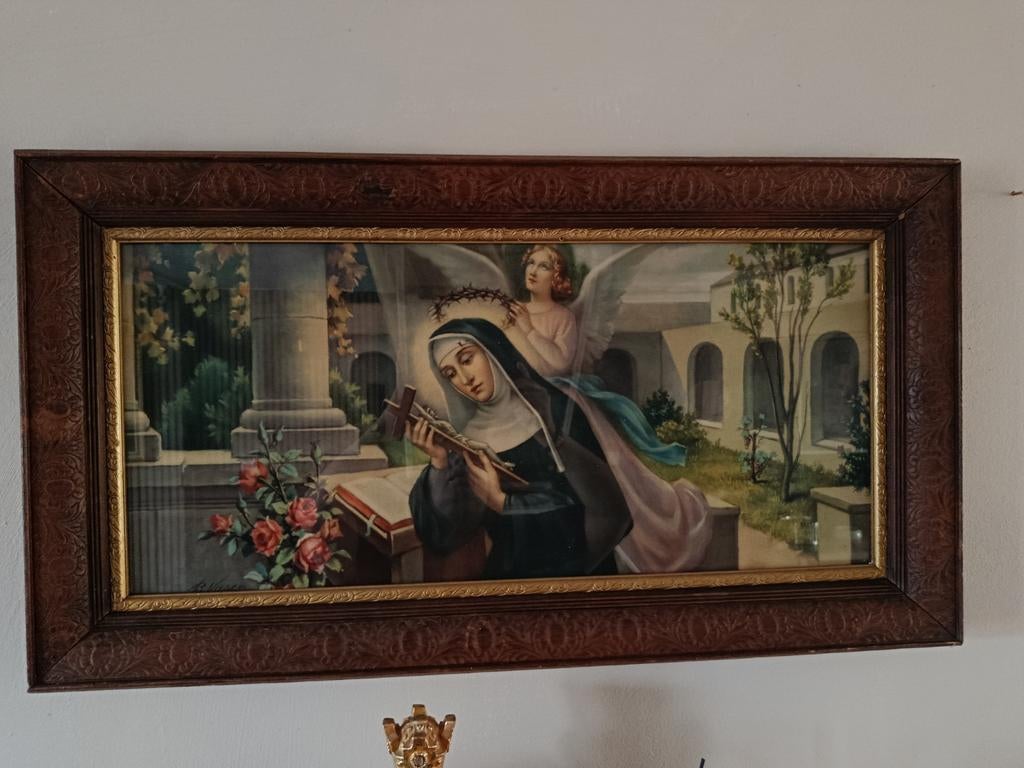 Ancienne chromolithographie Sainte Rita – Cadre bois sculpté, Enlèvement