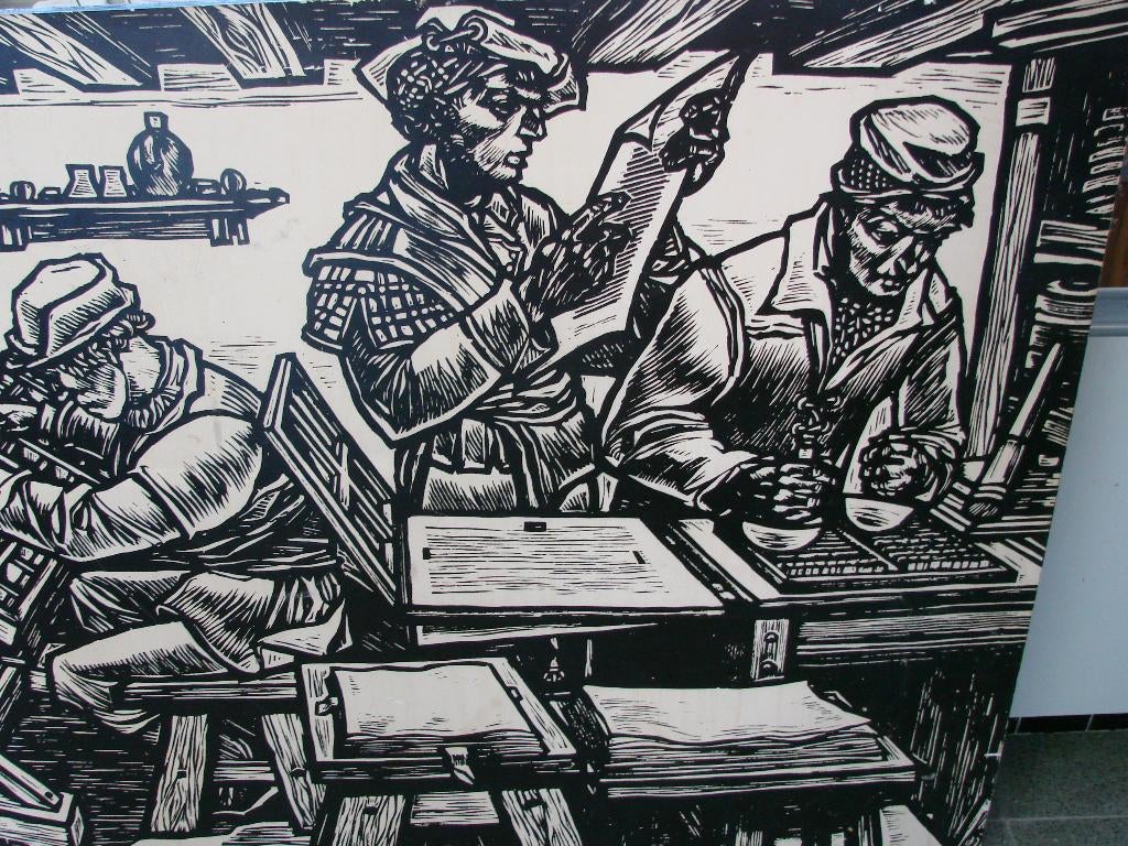 antiek: wandpaneel - tekening : oude ambachten, Ophalen