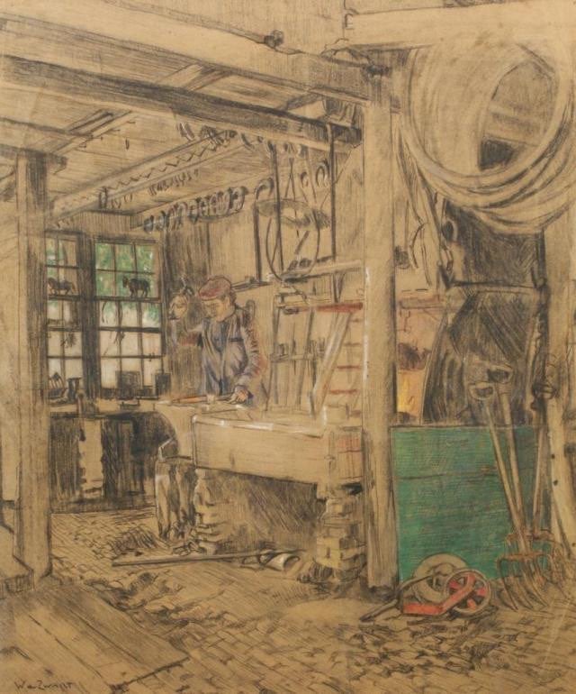 Willem de Zwart (1862-1931) - Origineel 'Smederij-interieur', Antiquités & Art, Art | Peinture | Classique, Enlèvement ou Envoi