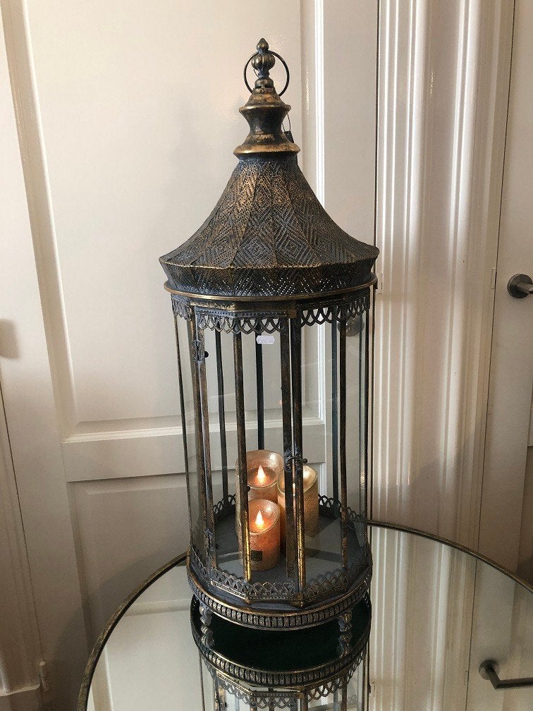 Zeer groot WINDLICHT ANTIEK - LANTAARN goud-grijs flamant, Huis en Inrichting, Woonaccessoires | Kandelaars en Kaarsen, Lantaarn