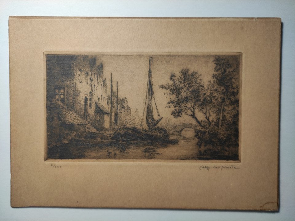 Gravure Alfred Van Neste Bruges, Eau-forte, Enlèvement ou Envoi, Paysage, 22 cm