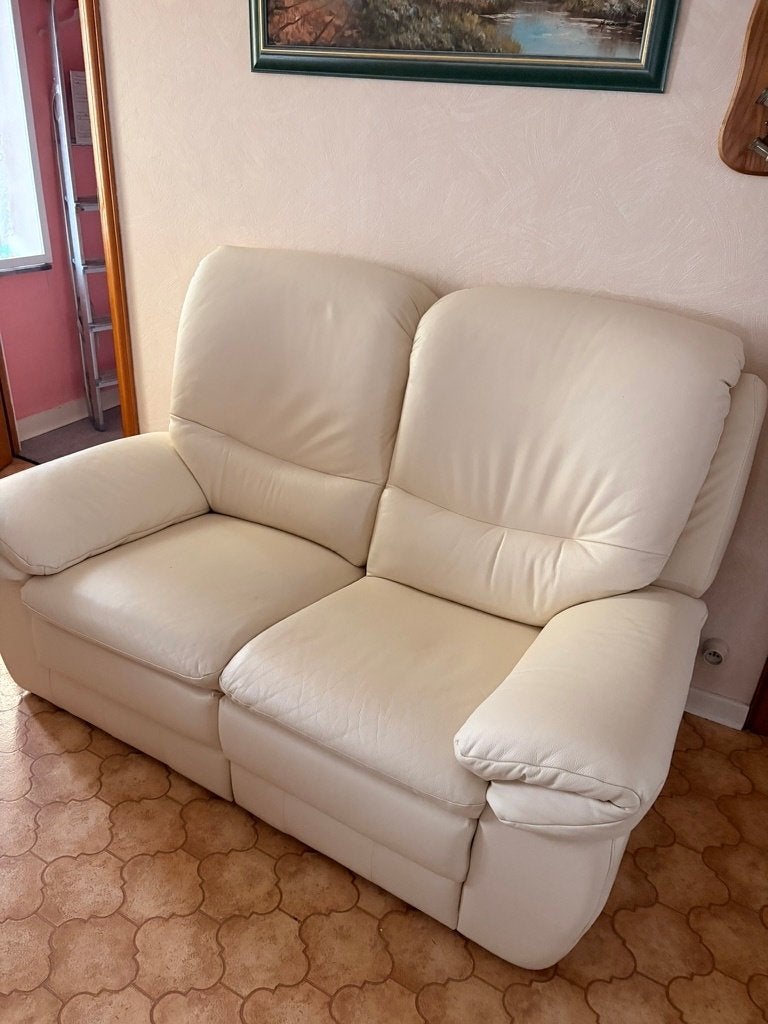 Salon en cuir beige 2p + 1p + 1p (2 électriques), Maison & Meubles, 75 à 100 cm, 125 cm ou plus, Comme neuf, Enlèvement