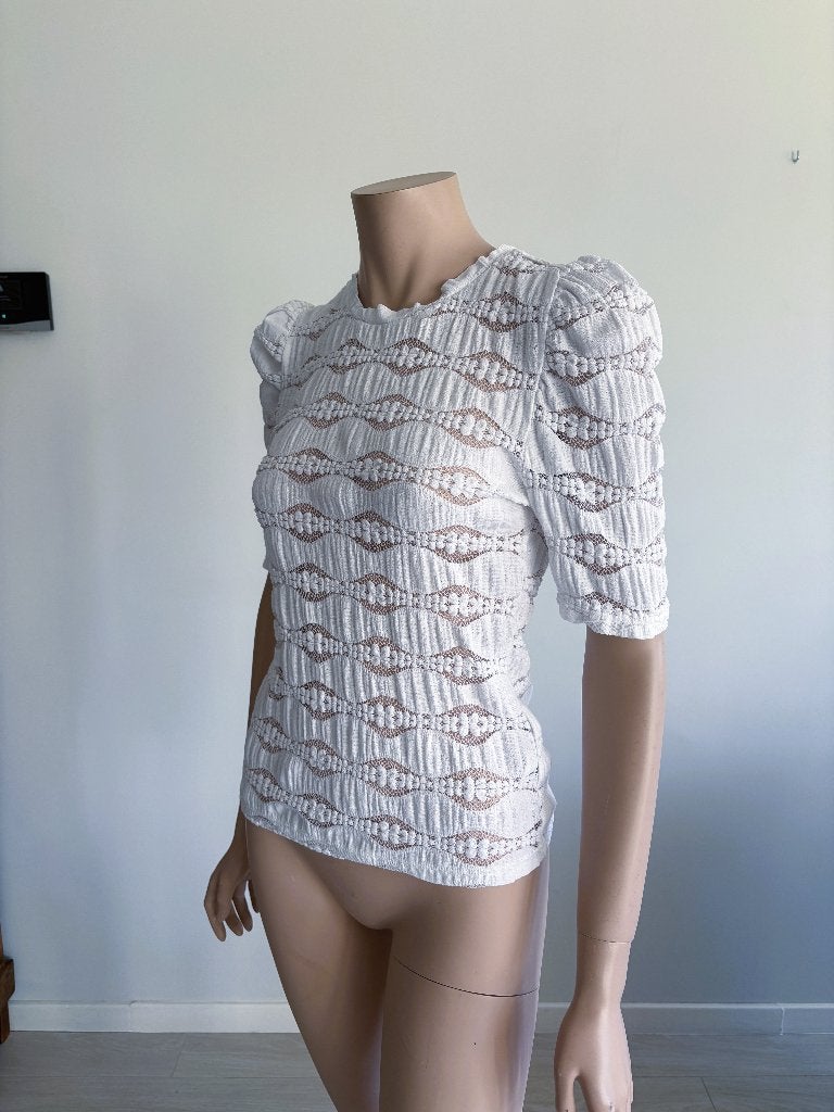Reserved Witte Stretch Top  Gekartelde Hals Puffmouwtjes  M, Manches courtes, Taille 38/40 (M), Comme neuf, Blanc